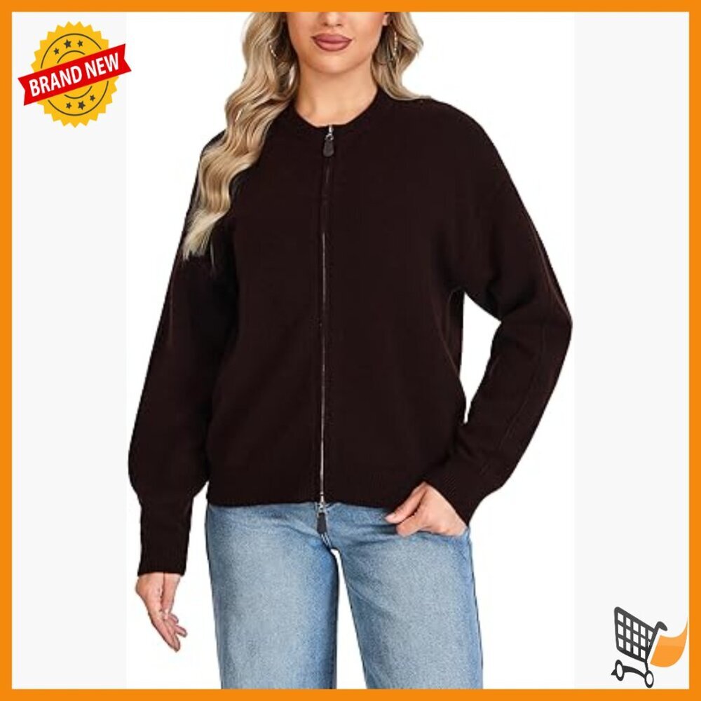 Merino Wool Zip Up Cardigan Chunky Knit Sweater Jacket Women's Winter